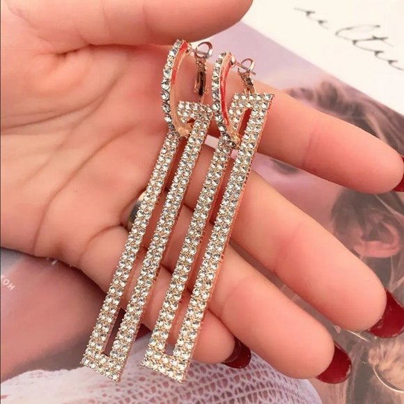 2ct Diamond 14K Gold Rectangle Earrings Drop Statement Big Tall Long Jewelry ct